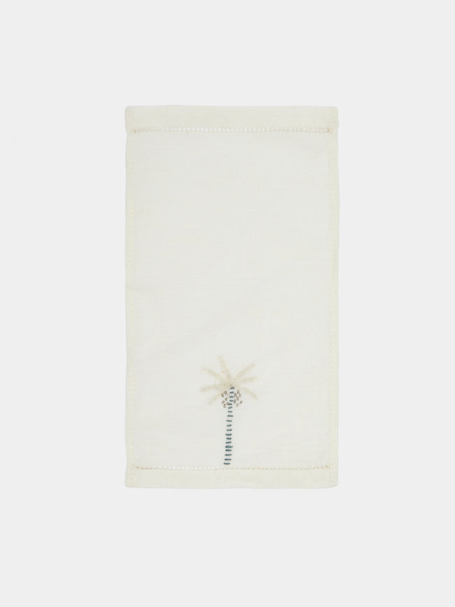 Malaika - Palm Tree Hand-Embroidered Linen Cocktail Napkins (Set of 6) - White - ABASK - 