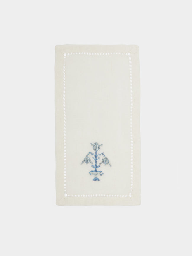 Malaika - Bouquet Hand-Embroidered Linen Cocktail Napkins (Set of 6) - White - ABASK - 