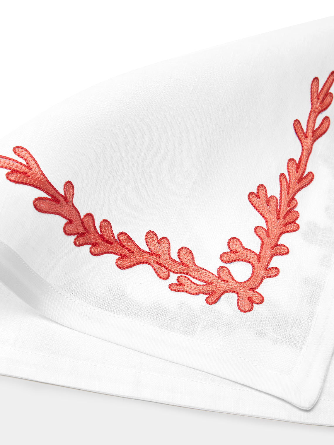 Loretta Caponi - Coral Hand-Embroidered Linen Table Runner - White - ABASK