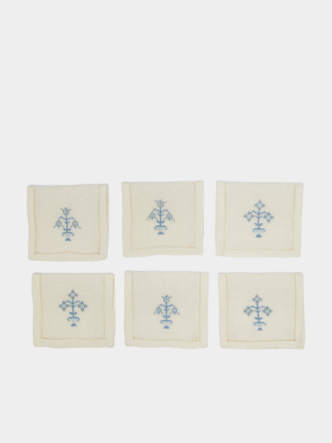 Malaika - Bouquet Hand-Embroidered Linen Cocktail Napkins (Set of 6) - White - ABASK