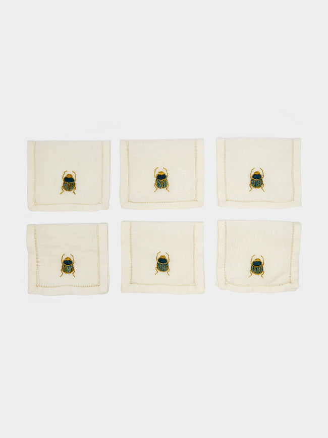 Malaika - Scarab Hand-Embroidered Linen Cocktail Napkins (Set of 6) - White - ABASK