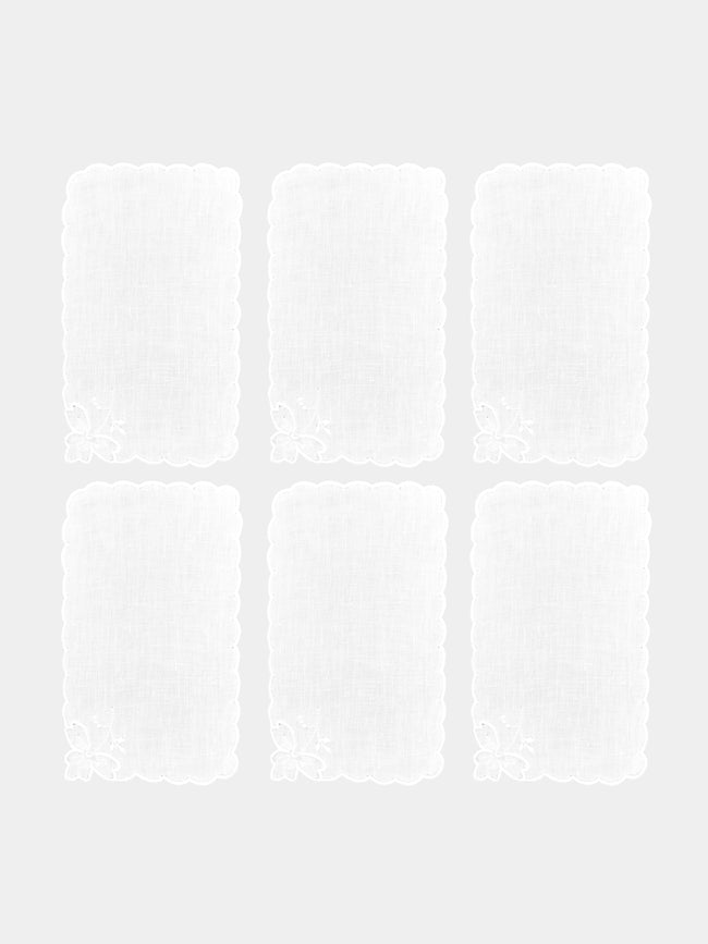 Taf Firenze - Smerlo Foglie Hand-Embroidered Linen Cocktail Napkins (Set of 6) - White - ABASK