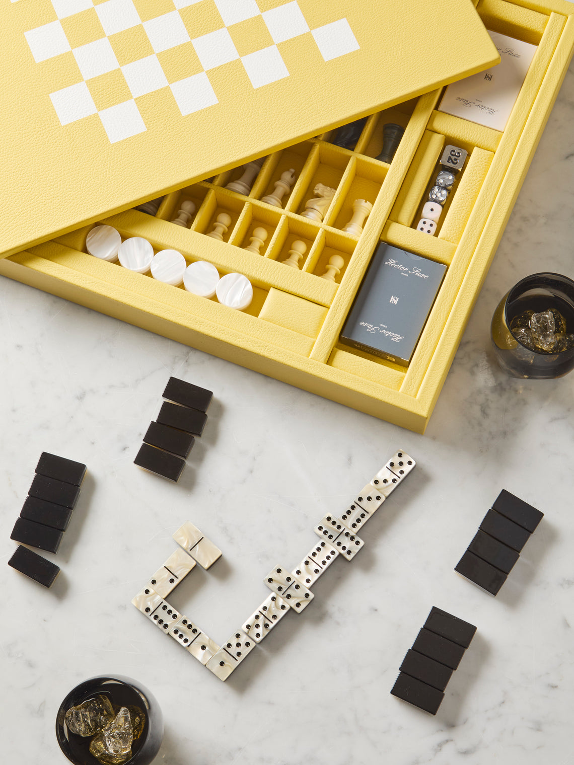 Hector Saxe - Leather Backgammon, Checkers, Chess and Dominoes Compendium - Yellow - ABASK