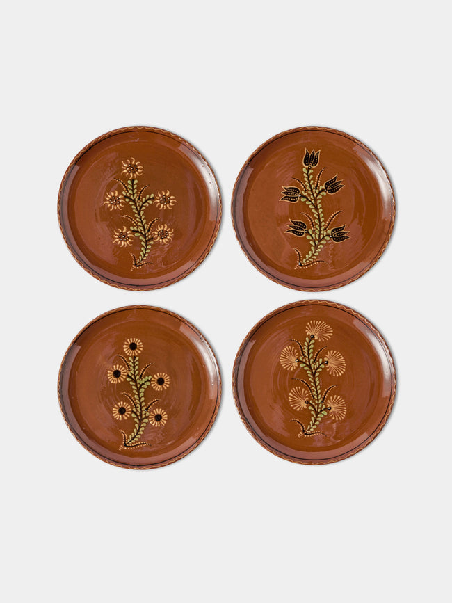 Poterie d’Évires - Flowers Hand-Painted Ceramic Dinner Plates – 9.5in/24cm (Set of 4) - Light Brown - ABASK - 