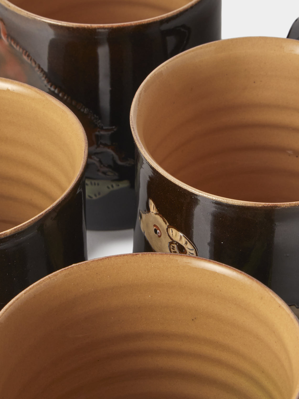 Poterie d’Évires - Animals Hand-Painted Ceramic Mugs (Set of 4) - Dark Brown - ABASK