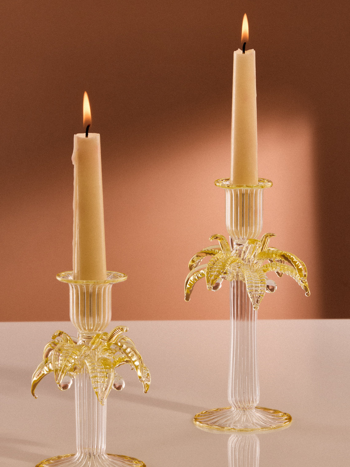 Alya Tannous - | Set of 2 | Palm Tree Hand-Blown Glass Candlesticks - Yellow - ABASK