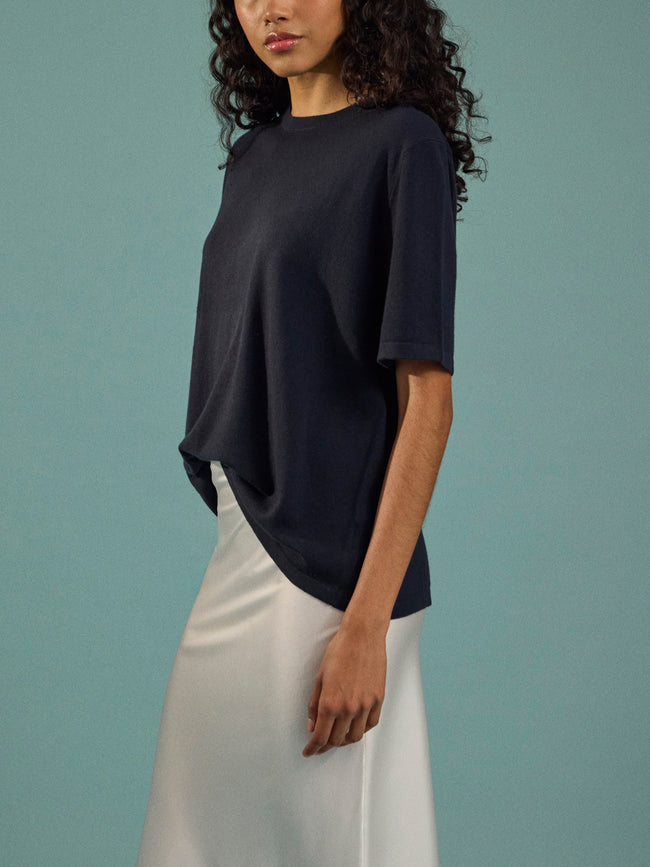 Arch4 - Golden Baby Goat Cashmere Oversized T-Shirt | Size: S - Navy - ABASK