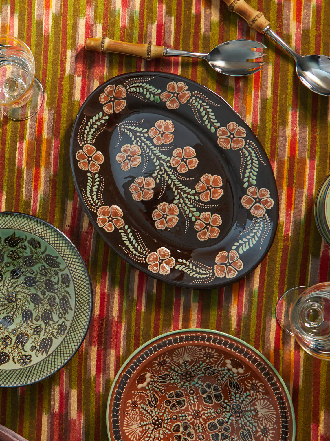 Poterie d’Évires - Flowers Hand-Painted Ceramic Oval Serving Platter -  - ABASK