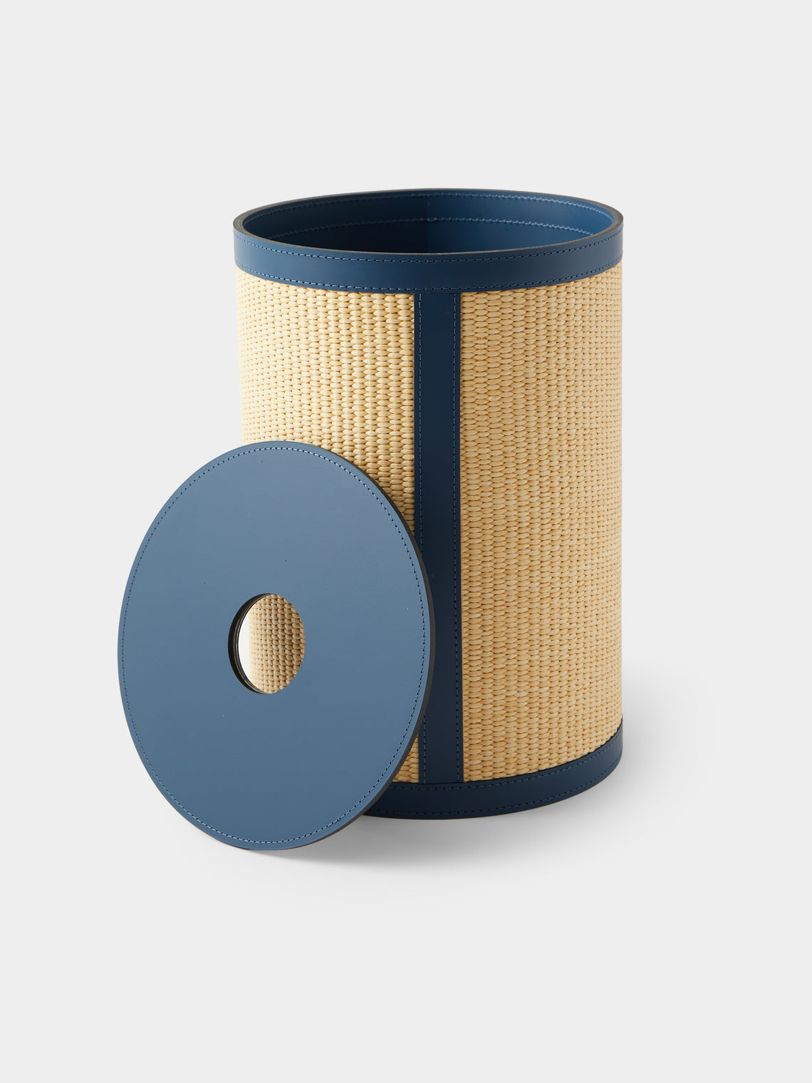 Pinetti - Aurora Leather and Straw Lidded Wastepaper Basket - Navy - ABASK