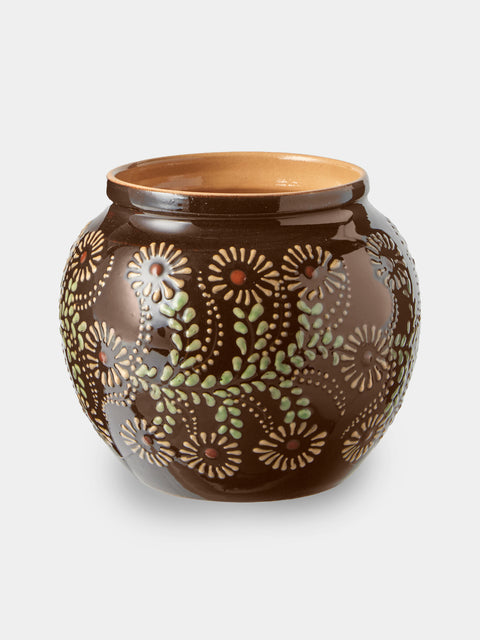 Poterie d’Évires - Flowers Hand-Painted Ceramic Vase (6.5in/17cm) - Dark Brown - ABASK - 
