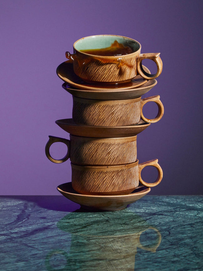 Kim Pan-ki - Comb Pattern Celadon Espresso Cup and Saucer -  - ABASK