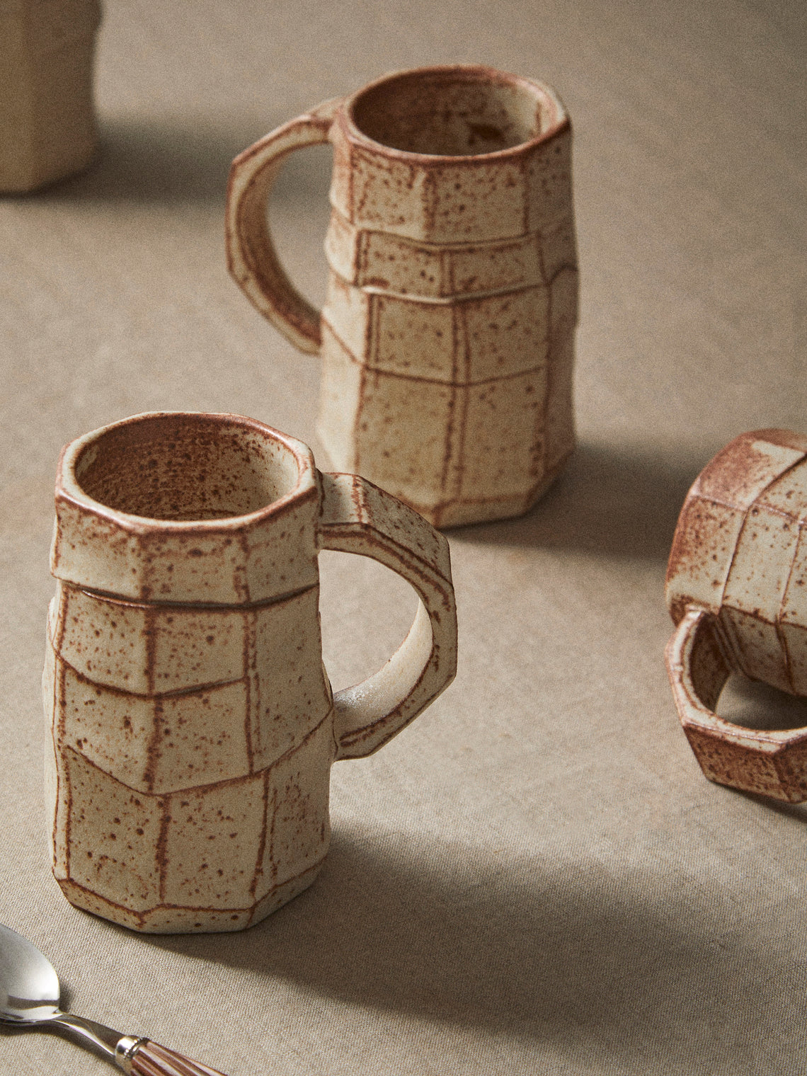 Adam Ross - Hand-Thrown Ceramic Faceted Mugs (Set of 4) - Beige - ABASK