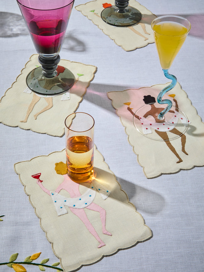 Taf Firenze - | Set of 6 | "Chin Chin" Hand-Appliquéd Linen Cocktail Napkins - Cream - ABASK