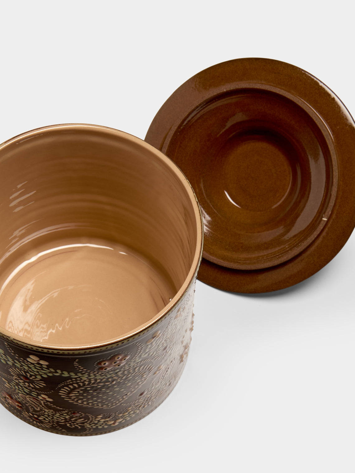Poterie d’Évires - Flowers Hand-Painted Ceramic Medium Lidded Pot - Dark brown - ABASK