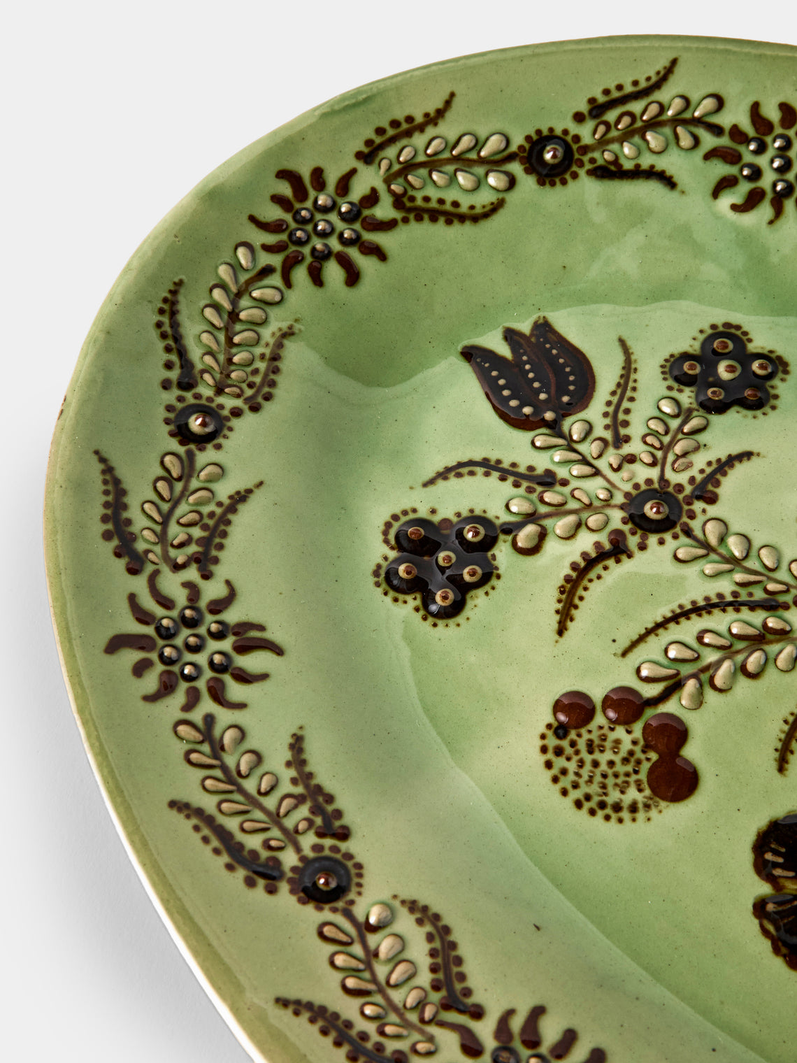 Poterie d’Évires - Flowers Hand-Painted Ceramic Oval Platter - Green - ABASK