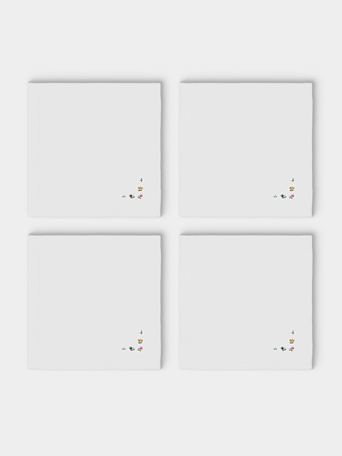 ERI Textiles - | Set of 4 | Scatter Flowers Hand-Embroidered Linen Napkins - White - ABASK - 