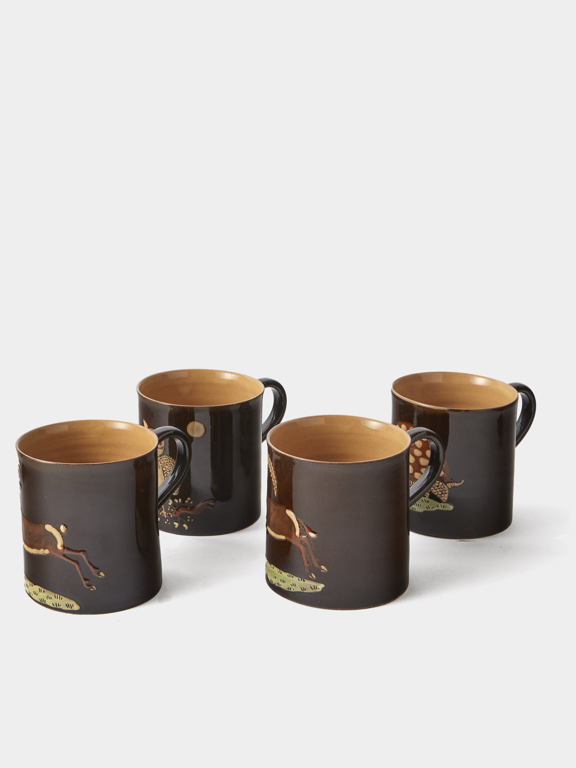 Poterie d’Évires - Animals Hand-Painted Ceramic Mugs (Set of 4) - Dark Brown - ABASK
