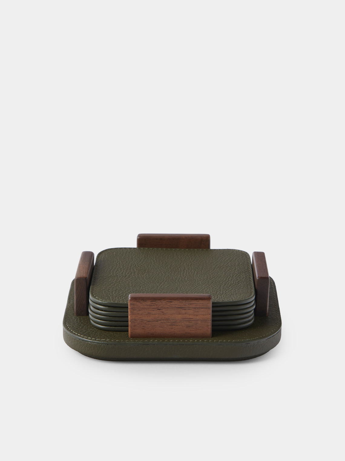 Giobagnara x Poltrona Frau - Leather and Walnut Coasters with Holder (Set of 6) - Olive - ABASK - 