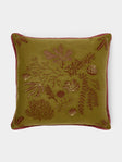 Rosemary Milner - Seaweed Hand-Embroidered Linen Cushion (19.5in/50cm) - Green - ABASK - 