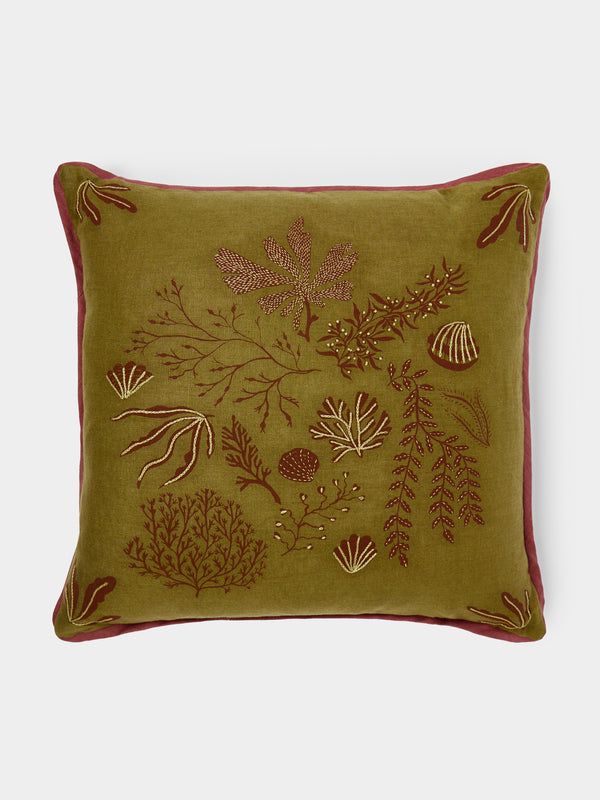 Rosemary Milner - Seaweed Hand-Embroidered Linen Cushion (19.5in/50cm) - Green - ABASK - 