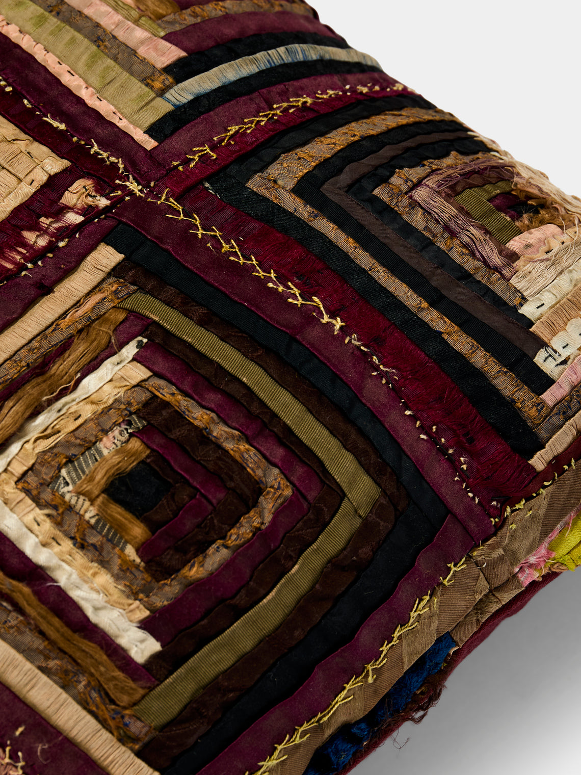 By Walid - 19th-Century Log Cabin Patchwork Linen and Damask Pillow (17.5in/45cm) - Multiple - ABASK