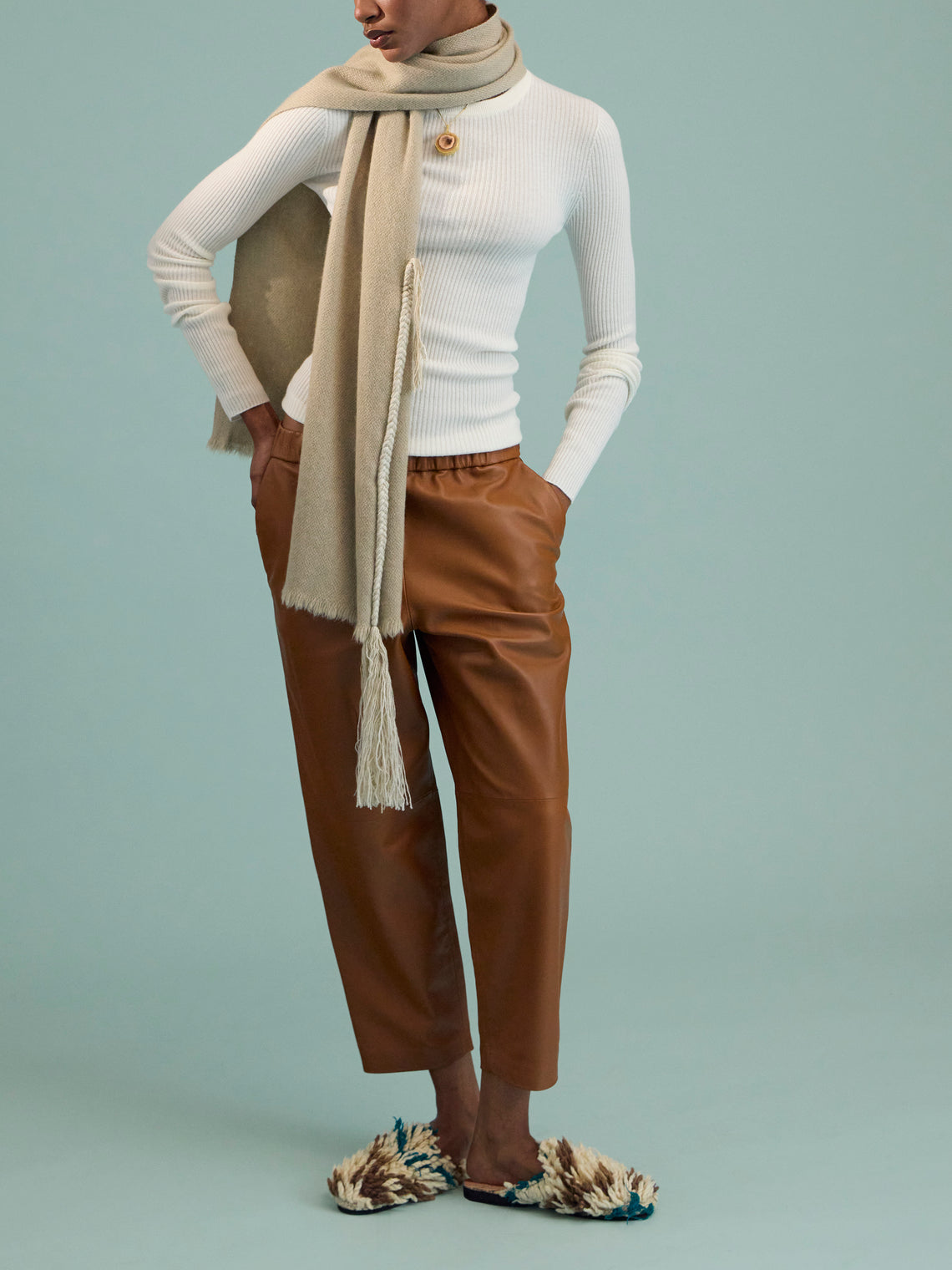 Norlha - Nomad Classic Yak Skinny Braided Scarf (71in/1.8m) - Ivory - ABASK