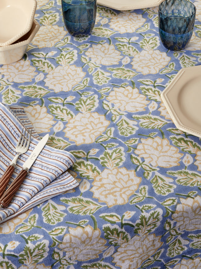 Chamois - Dahlia Block-Printed Linen Rectangular Tablecloth (106.5in/2.7m) - Blue - ABASK