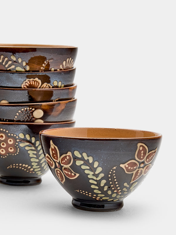 Poterie d’Évires - Flowers Hand-Painted Ceramic Petit Bowls (Set of 6) - Dark brown - ABASK