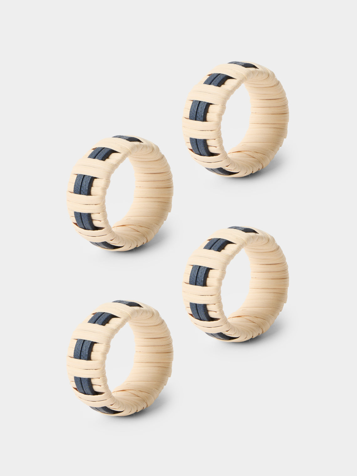 Pigment France - | Set of 4 | Anglet Leather and Rattan Napkin Rings - Blue - ABASK - 