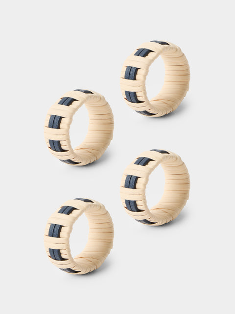 Pigment France - | Set of 4 | Anglet Leather and Rattan Napkin Rings - Blue - ABASK - 