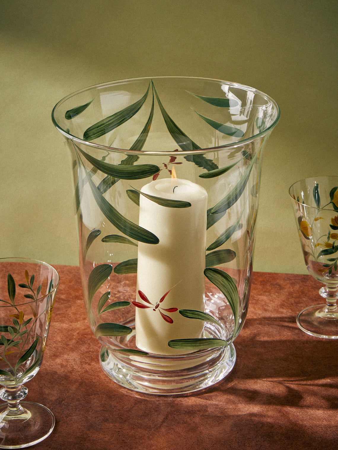 Los Vasos de Agua Clara - Dragonfly Hand-Painted Crystal Hurricane Candle Holder - Green - ABASK