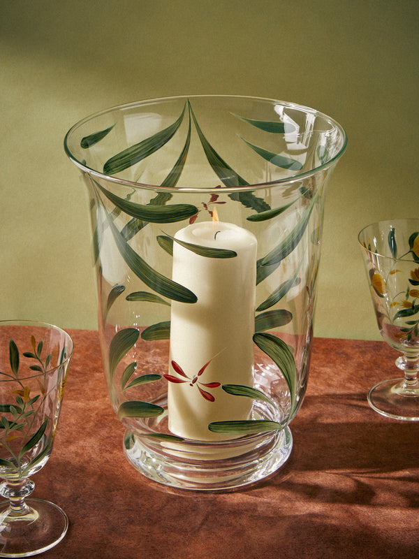 Los Vasos de Agua Clara - Dragonfly Hand-Painted Crystal Hurricane Candle Holder - Green - ABASK