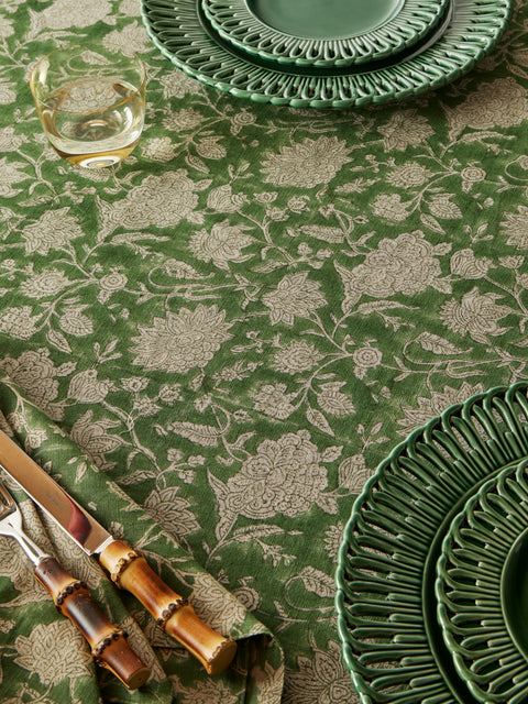 Chamois - Parrot Block-Printed Linen Round  Tablecloth (86.5in/2.2m) - Green - ABASK