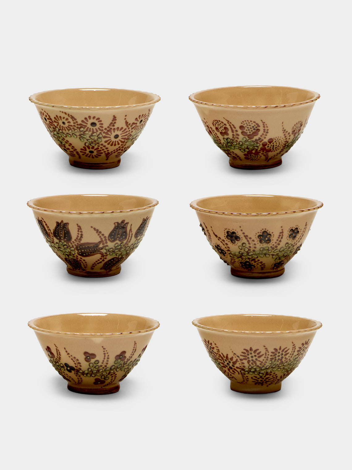Poterie d’Évires - Flowers Hand-Painted Ceramic Petite Fluted Bowls (Set of 6) - Cream - ABASK