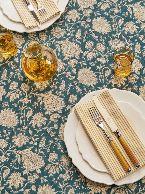 Chamois - Indian Rose Block-Printed Linen Extra Large Rectangular Tablecloth - Blue - ABASK