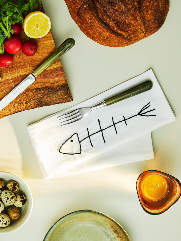 Oeuvres Sensibles - Fish Hand-Embroidered Linen Napkins (Set of 4) -  - ABASK