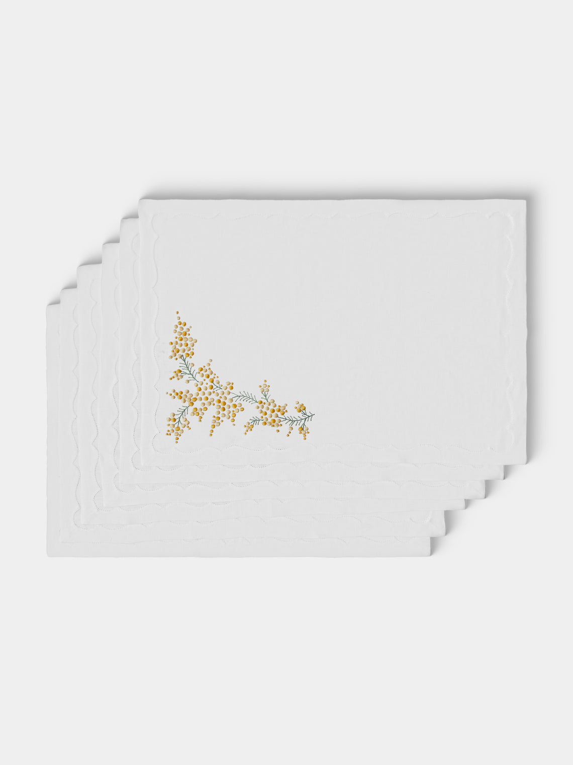 Taf Firenze - | Set of 6 | Mimosa Hand-Embroiderd Linen Placemats and Napkins - White - ABASK