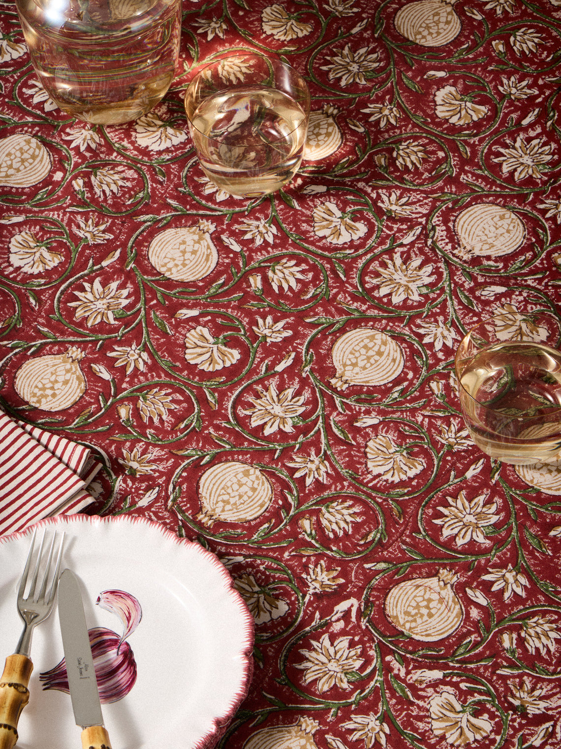 Chamois - Tangier Pomegranate Block-Printed Cotton Rectangular Tablecloth (138in/3.5m) - Multiple - ABASK