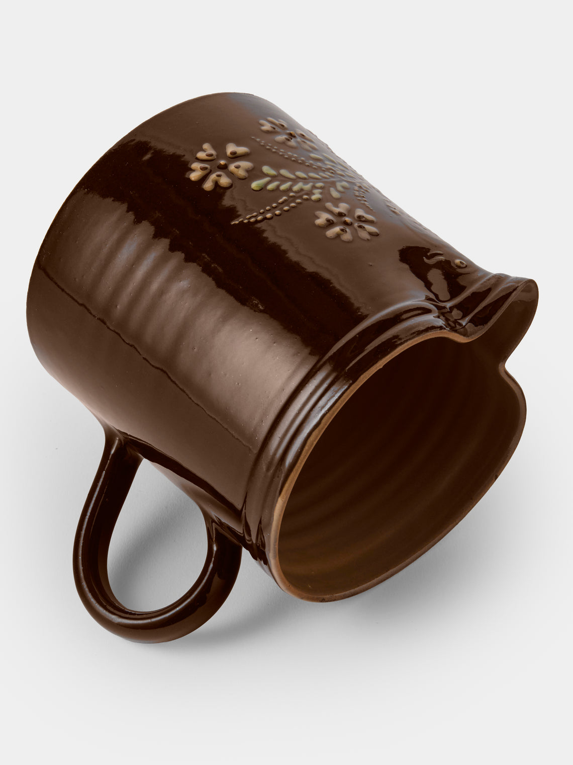 Poterie d’Évires - Birds Hand-Painted Ceramic Straight-Edge Medium Jug - Dark Brown - ABASK