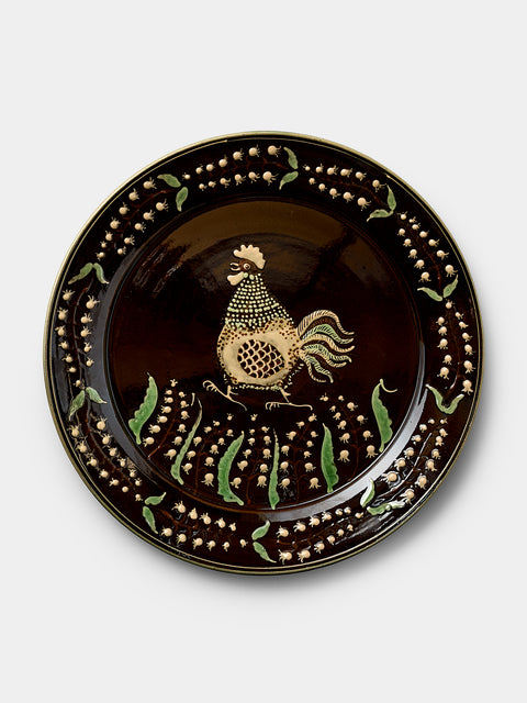 Poterie d’Évires - Chickens Hand-Painted Ceramic Round Platter - Dark brown - ABASK - 