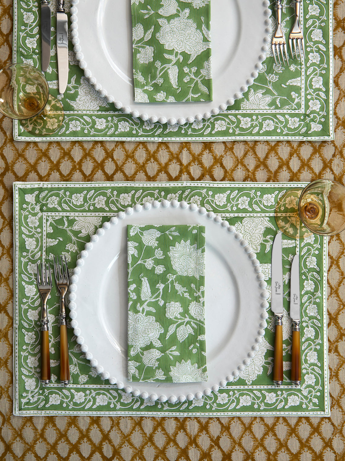 Chamois - Indian Rose Block-Printed Linen Placemats (Set of 4) - Green - ABASK