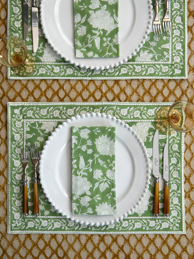 Chamois - Indian Rose Block-Printed Linen Placemats (Set of 4) - Green - ABASK