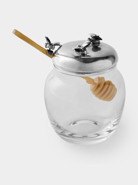 Antique and Vintage - 1930s Solid Silver Honey Pot with Horn Spoon - Clear - ABASK - 
