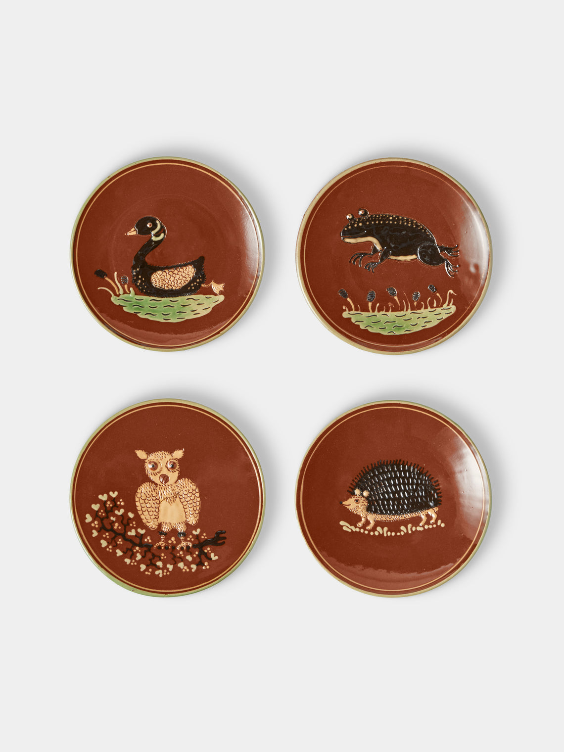 Poterie d’Évires - Animals Hand-Painted Ceramic Plates – 5.5in/14cm (Set of 4) - Light Brown - ABASK - 