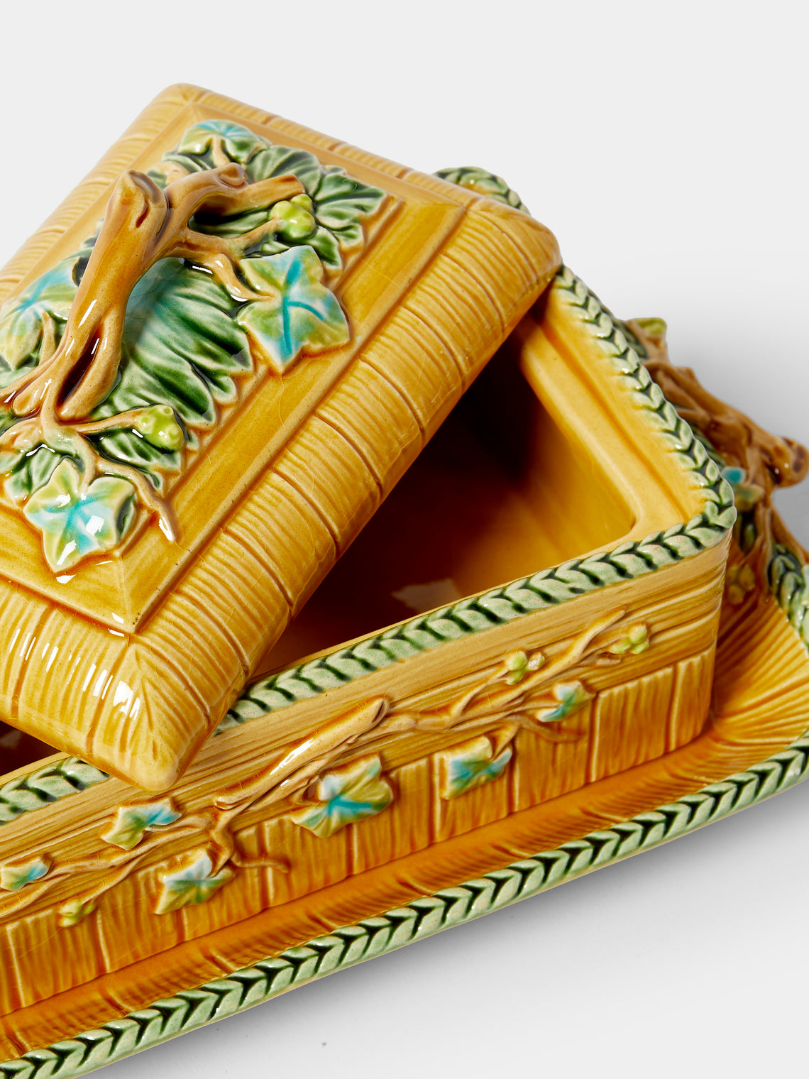 Verdolini - Branches Hand-Painted Majolica Ceramic Box with Stand - Yellow - ABASK