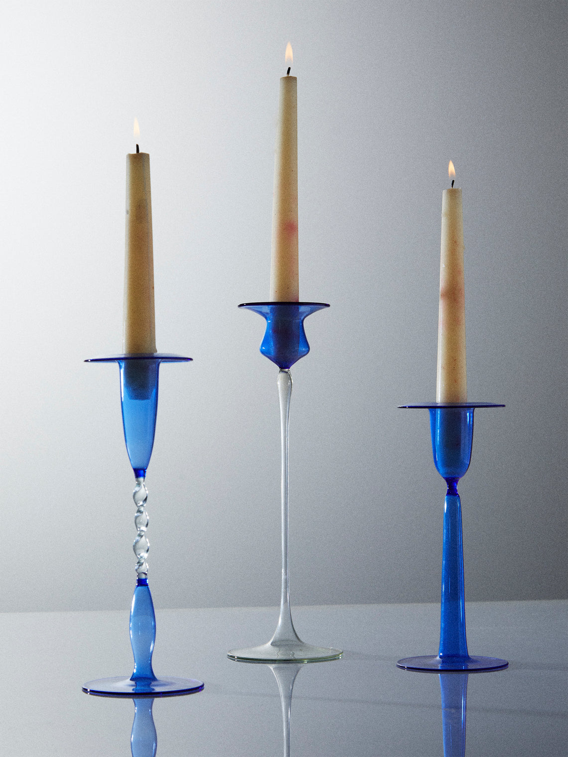 Antique and Vintage - Mid-Century Glass Candle Holders (Set of 3) - Blue - ABASK