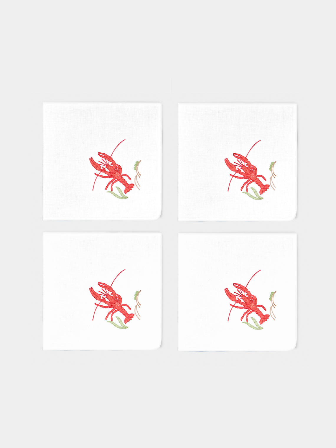 Loretta Caponi - Lobster Hand-Embroidered Linen Napkins (Set of 2) - White - ABASK