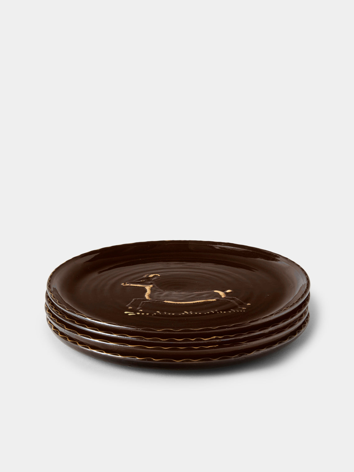 Poterie d’Évires - Animals Hand-Painted Ceramic Dinner Plates – 9.5in/24cm (Set of 4) - Dark Brown - ABASK
