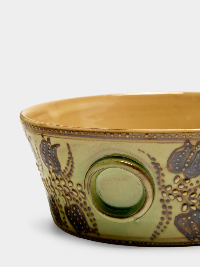 Poterie d’Évires - Flowers Hand-Painted Ceramic Small Handled Serving Bowl - Green - ABASK