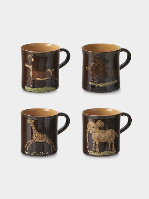 Poterie d’Évires - Animals Hand-Painted Ceramic Mugs (Set of 4) - Dark Brown - ABASK - 
